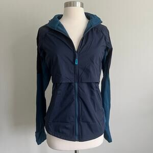 REI Polartec hooded Jacket Mitten Sleeves Navy Teal Small Mitten Sleeves